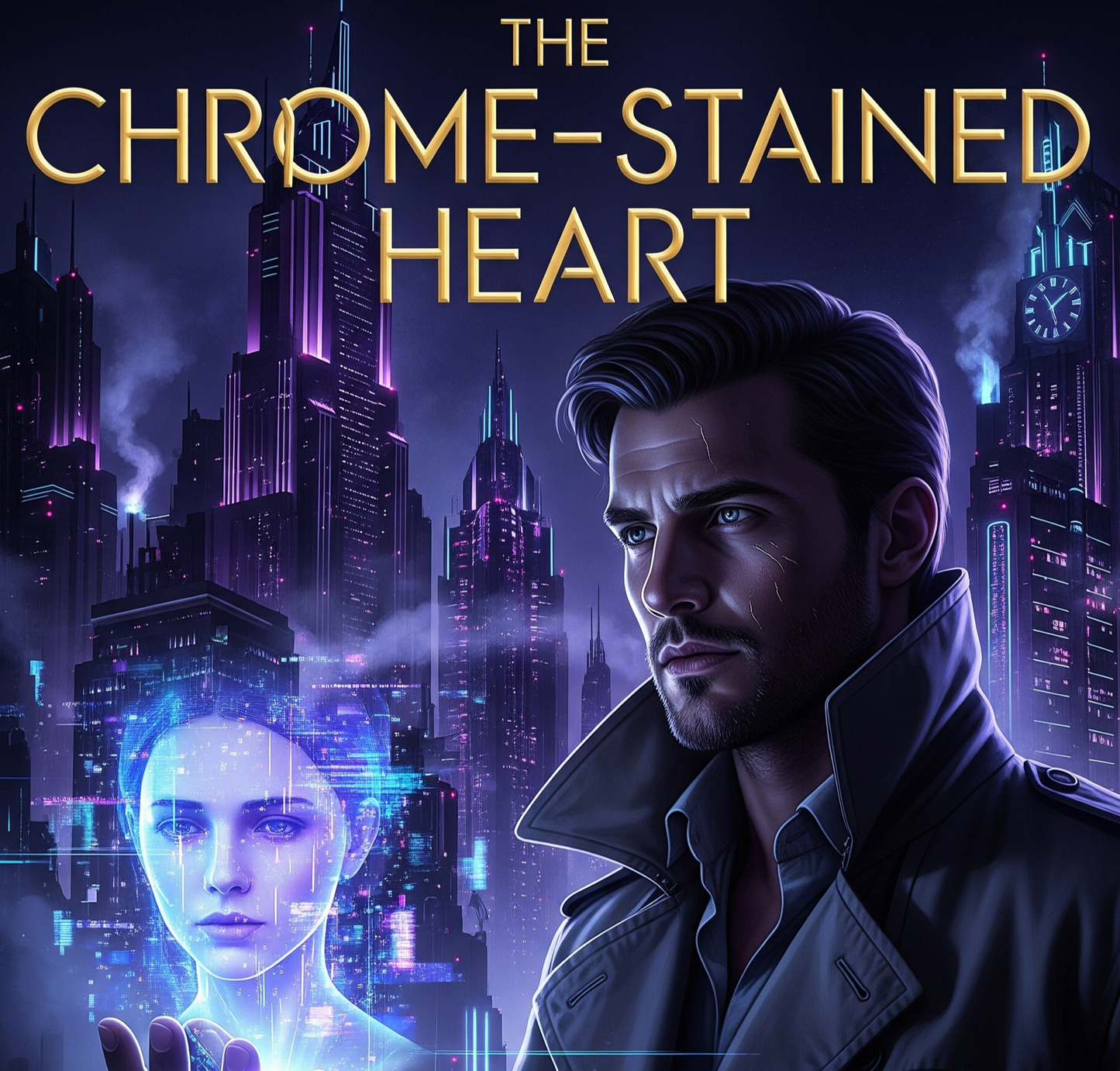 Book cover of 'The Chrome-Stained Heart' with a futuristic cityscape and two characters.